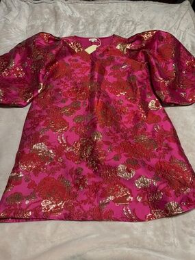 NWT JODIFL Mini Dress Womens S Hot Pink Gold Metallic Balloon Sleeve Barbie NEW